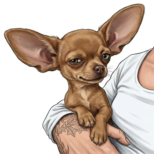 KI-Karikatur aus der FunArt Galerie: Chihuahua auf dem Arm im Comic-Stil