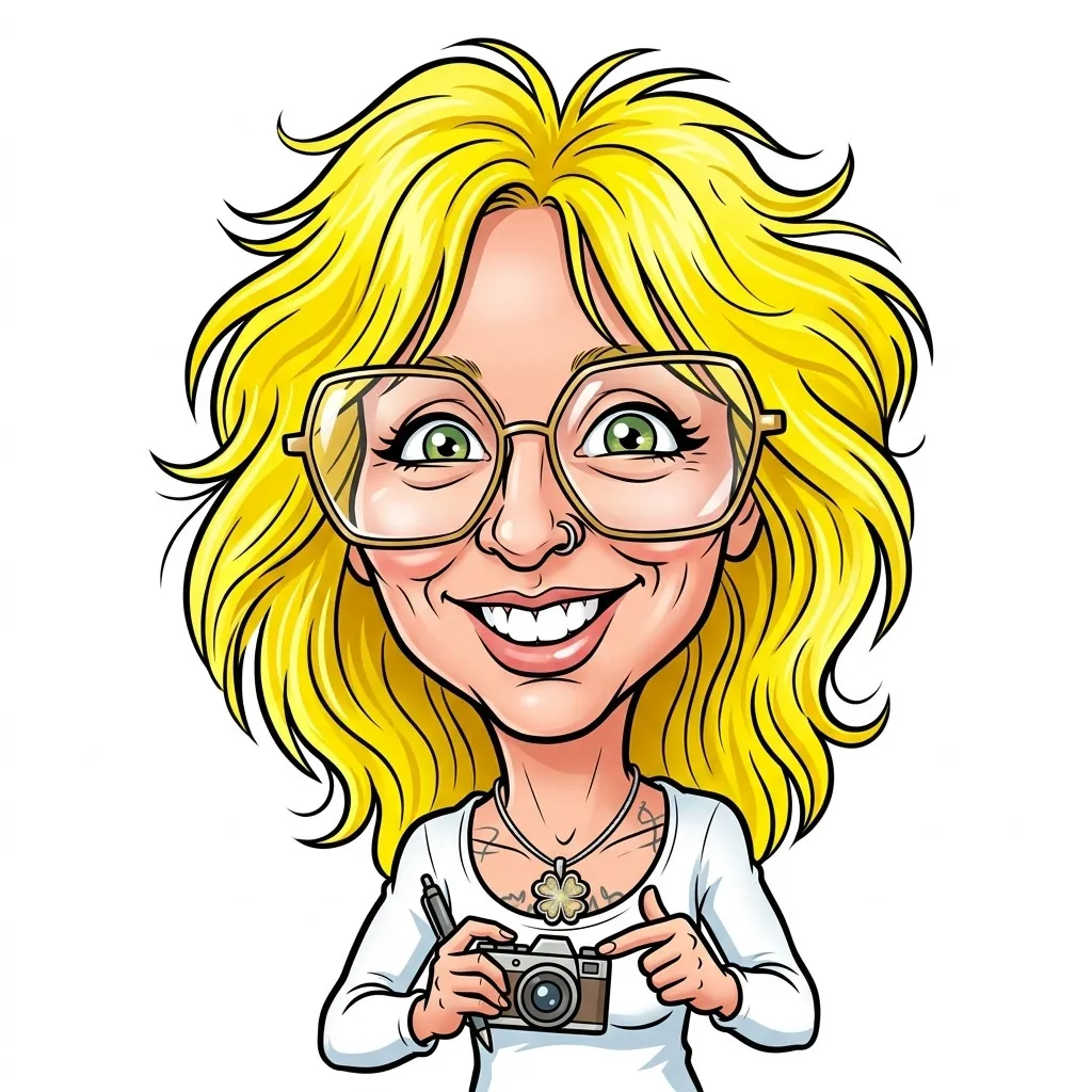 KI-Karikatur aus der FunArt Galerie: blonde Frau mit großer Brille und Kamera