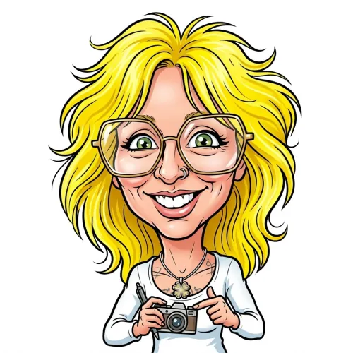 KI-Karikatur aus der FunArt Galerie: blonde Frau mit großer Brille und Kamera