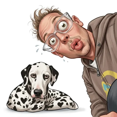 KI-Karikatur aus der FunArt Galerie: Mann mit Brille und Kussmund neben einem Dalmatiner