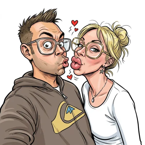 KI-Karikatur aus der FunArt Galerie: Paar mit Brillen beim Kuss im Comic-Stil