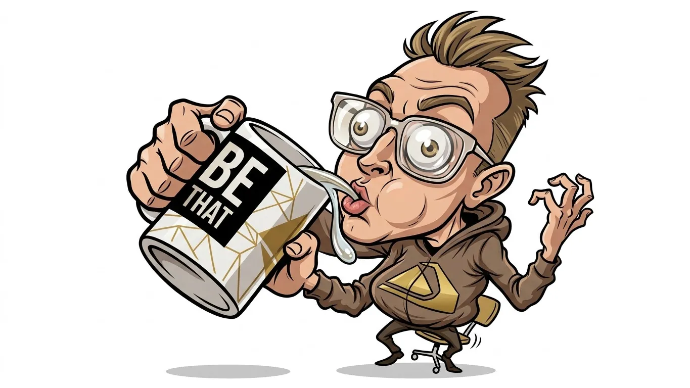 KI-Karikatur aus der FunArt Galerie: Mann mit Brille trinkt aus einer großen Tasse