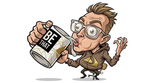 KI-Karikatur aus der FunArt Galerie: Mann mit Brille trinkt aus einer großen Tasse