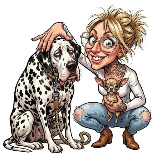 KI-Karikatur aus der FunArt Galerie: Frau mit Dalmatiner und Chihuahua im Comic-Stil