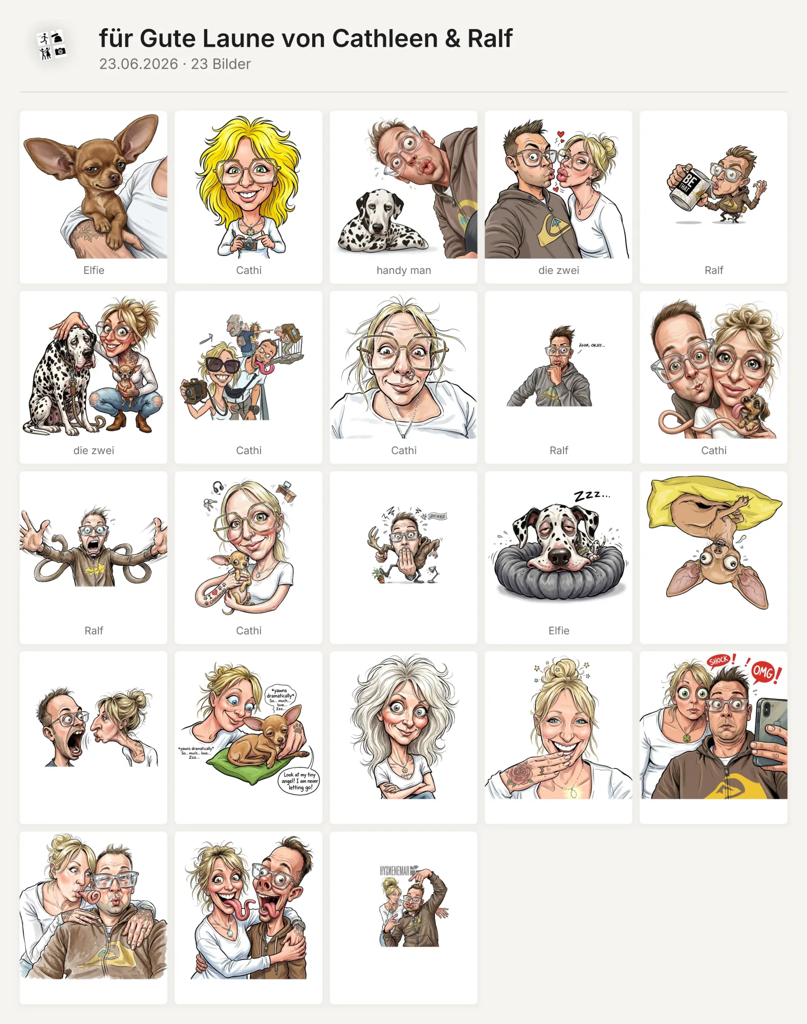Export der FunArt Galerie als Poster: Titel „für Gute Laune von Cathleen & Ralf“ mit Datum und Raster aller KI-Bilder